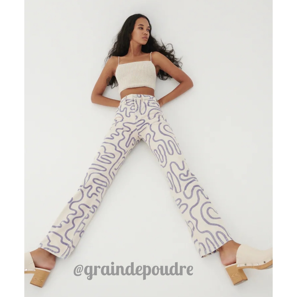 Rare Zara Purple Squiggle Graffiti Print Off White Straight Leg Jeans 36 4 42 10